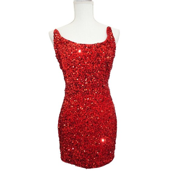 NWT Fashion Nova Red Sequin Bodycon Mini Dress L Party Clubwear Halloween - Picture 1 of 10